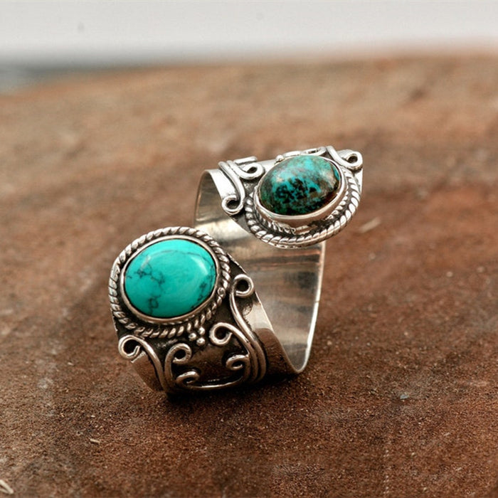 Vintage Turquoise Ring for Women – Adjustable Silver Boho Statement