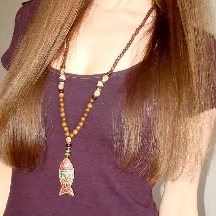 Vintage Turquoise Wood Bead Necklace for Women – Long Boho Style