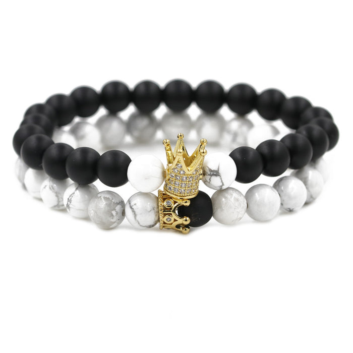 White Turquoise Crown Bracelet for Couples – Black Frosted Stone Beaded