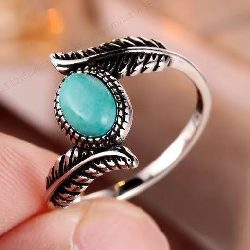 Turquoise Feather Ring for Women – Two-Tone Vintage U-Shape Statement