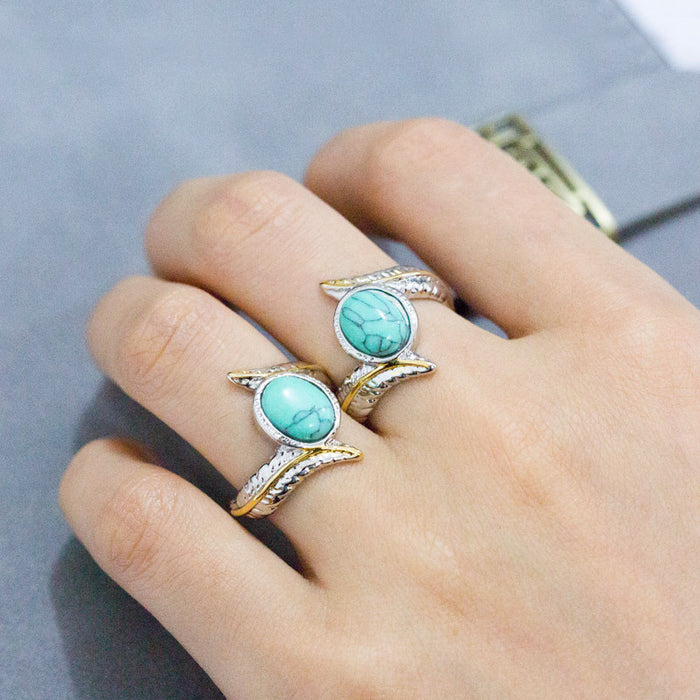 Turquoise Feather Wrap Ring for Women – Adjustable Boho Statement Ring
